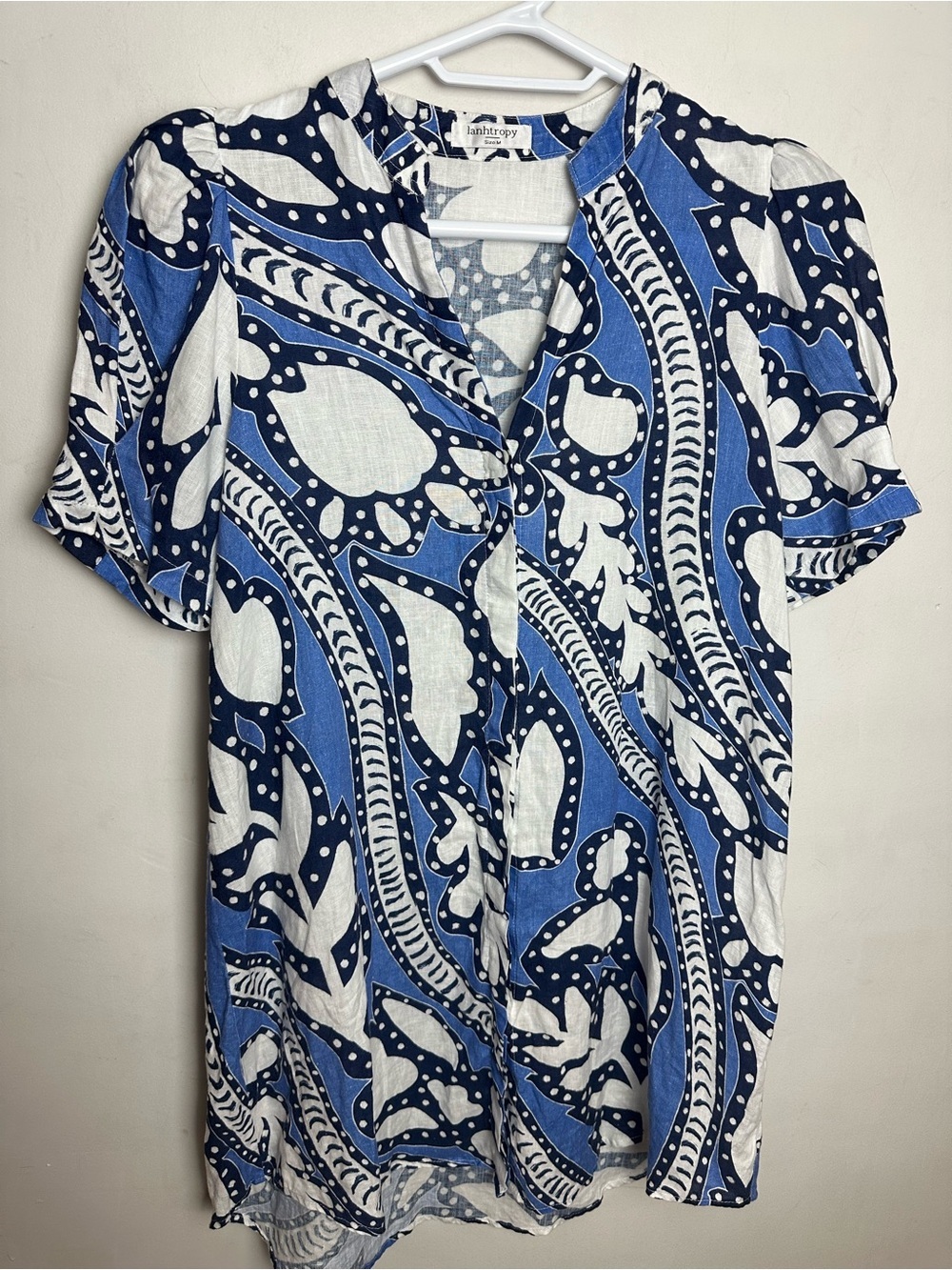 Lanhtropy Athina Linen Dress Puff Sleeve Women's Size Medium Button Front Blue
